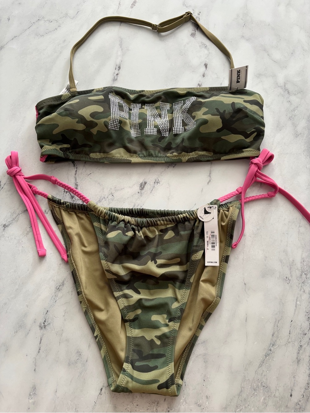 PINK Victoria's Secret Swim Bikini Set Camo Bling Bandeau Top Cheeky Bottom
